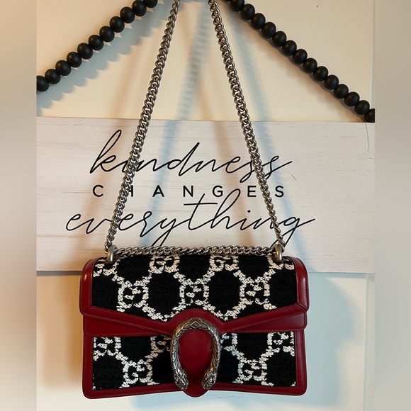 GUCCI Dionysus GG Black White Tweed Red Leather Bag Purse LMTD Edition HOST PICK - Picture 14 of 17
